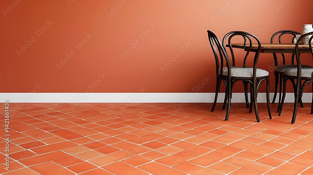 Cozy Interior Design Featuring Stylish Dining Area with Terracotta Tiled Flooring and Warm Wall Color Palette for Home Decor.