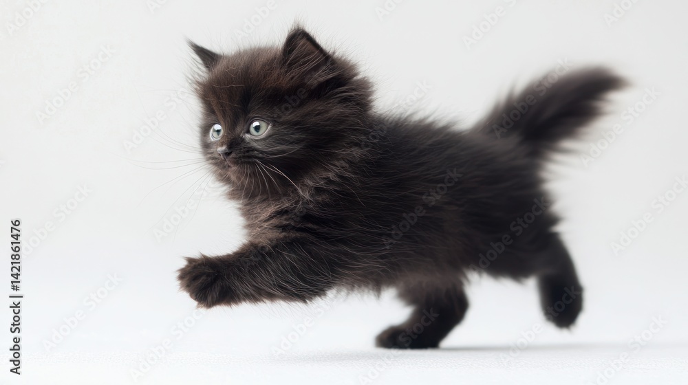 Portrait of an energetic black kitten with shiny fur, playing against a white surface. Portrait of an energetic black kitten with shiny fur, playing against a white surface.