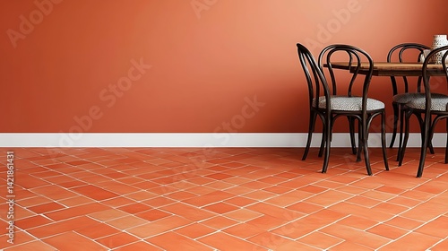 Obraz na płótnie Cozy Interior Design Featuring Stylish Dining Area with Terracotta Tiled Flooring and Warm Wall Color Palette for Home Decor. w salonie