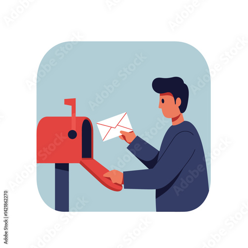 Man checking mailbox and holding letter in simple flat design vector illustration 