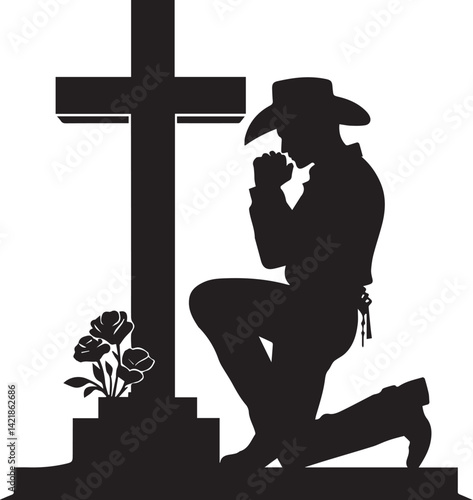 silhouette of jesus christ, kneeling cowboy praying on a cross silhouette vector, cowboy logo vector illustration