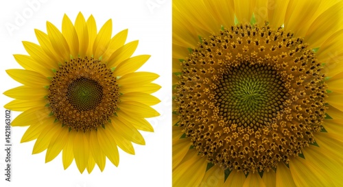 Detailed Botanical Real Shot of Sunflower Helianthus Annuus Displaying Seed Head and Petal Arrangement in High Detail Isolated on White Background