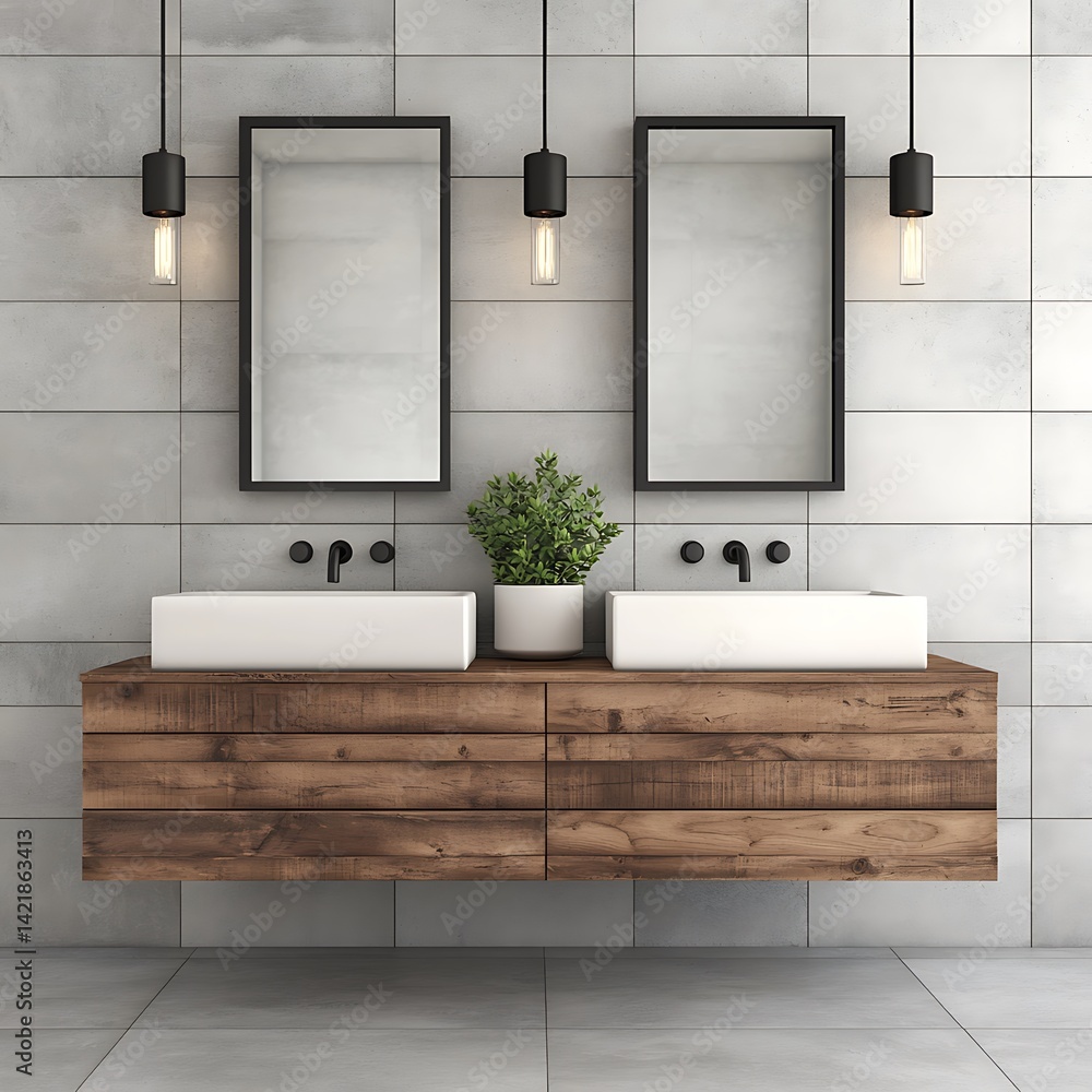 Elegant bathroom interior featuring double sinks, natural wood cabinet, mirrors, pendant lights, and gray tiled walls.