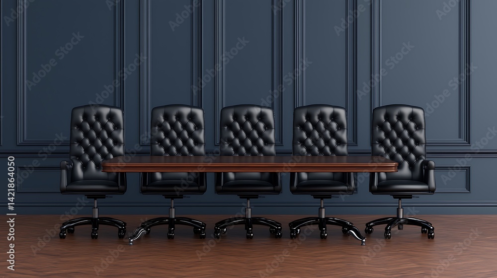 Elegant conference room featuring classic black leather chairs and a wooden table against a decorative wall.