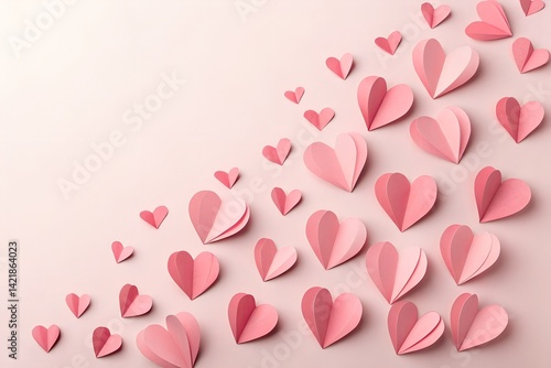 Elegant Pink Paper Hearts on Light Pink Background with Copy Space.