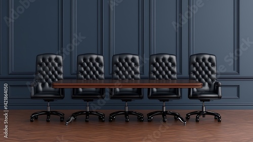 Obraz na płótnie Elegant conference room featuring classic black leather chairs and a wooden table against a decorative wall. w salonie