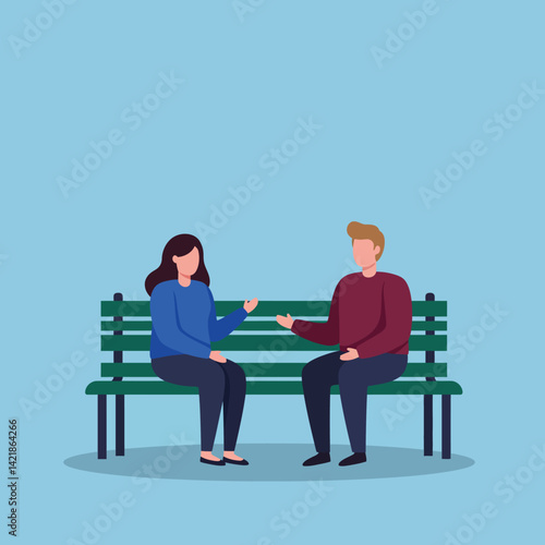 Two people sitting on green park bench having conversation in casual clothes vector illustration 