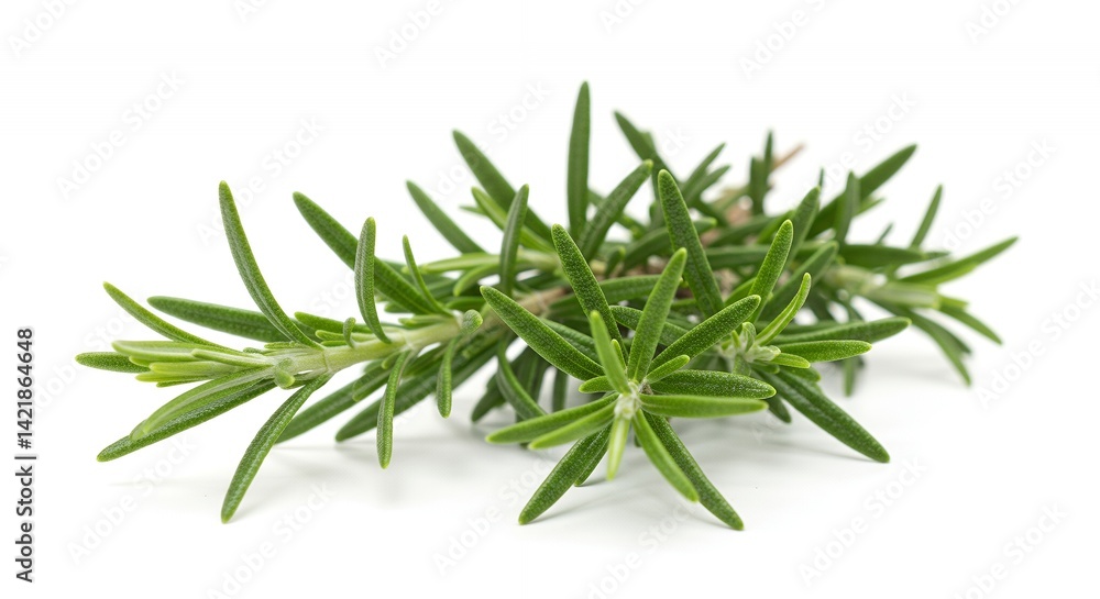 Fototapeta premium Detailed Botanical Shot of Rosemary Rosmarinus officinalis Illustrating Needle Like Leaves Isolated on White Background Perfect for Culinary and Medicinal Concepts