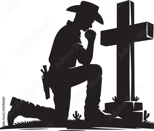 silhouette of jesus christ, kneeling cowboy praying on a cross silhouette vector, cowboy logo vector illustration