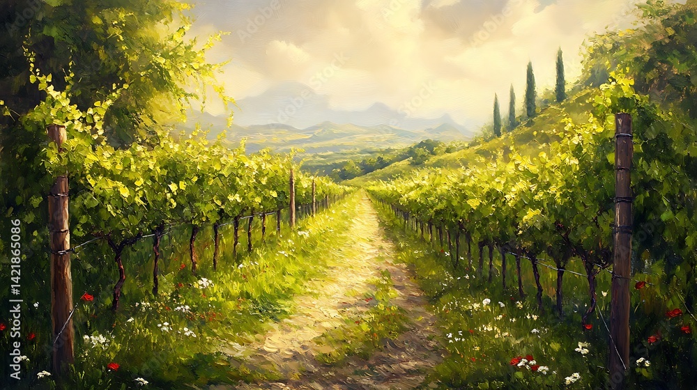 Naklejka premium A picturesque vineyard in spring lush green