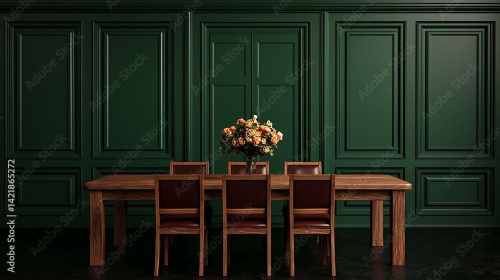 Elegant dark green panelled dining space with wooden table, chairs, and a floral centerpiece creating a serene atmosphere.