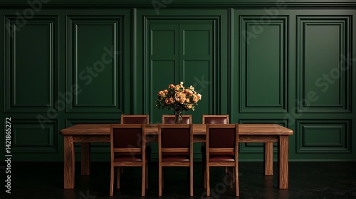 Obraz na płótnie Elegant dark green panelled dining space with wooden table, chairs, and a floral centerpiece creating a serene atmosphere. w salonie