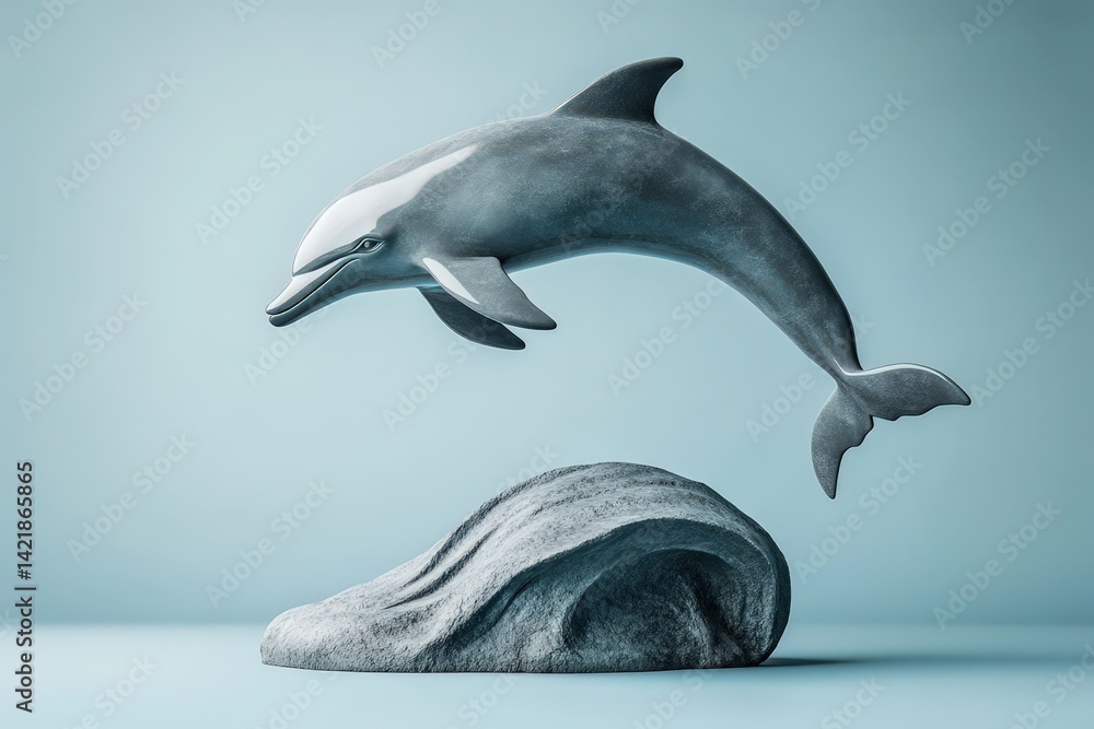 Obraz premium Grey dolphin sculpture leaping above a sculpted wave.