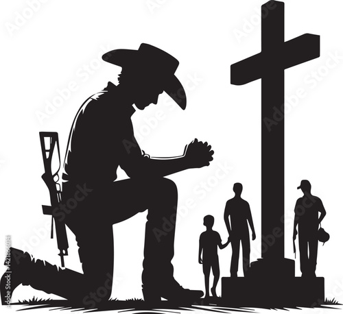 silhouette of jesus christ, kneeling cowboy praying on a cross silhouette vector, cowboy logo vector illustration