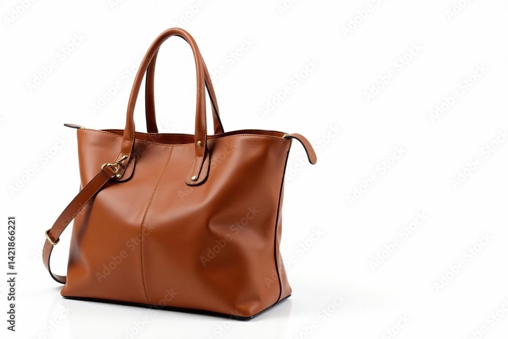 Brown leather tote bag, isolated on white background, leather, white backdrop Brown leather tote bag, isolated on white background, leather, white backdrop