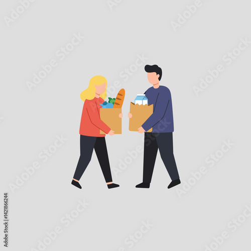 Man and woman carrying grocery bags with food items in casual clothing vector illustration 