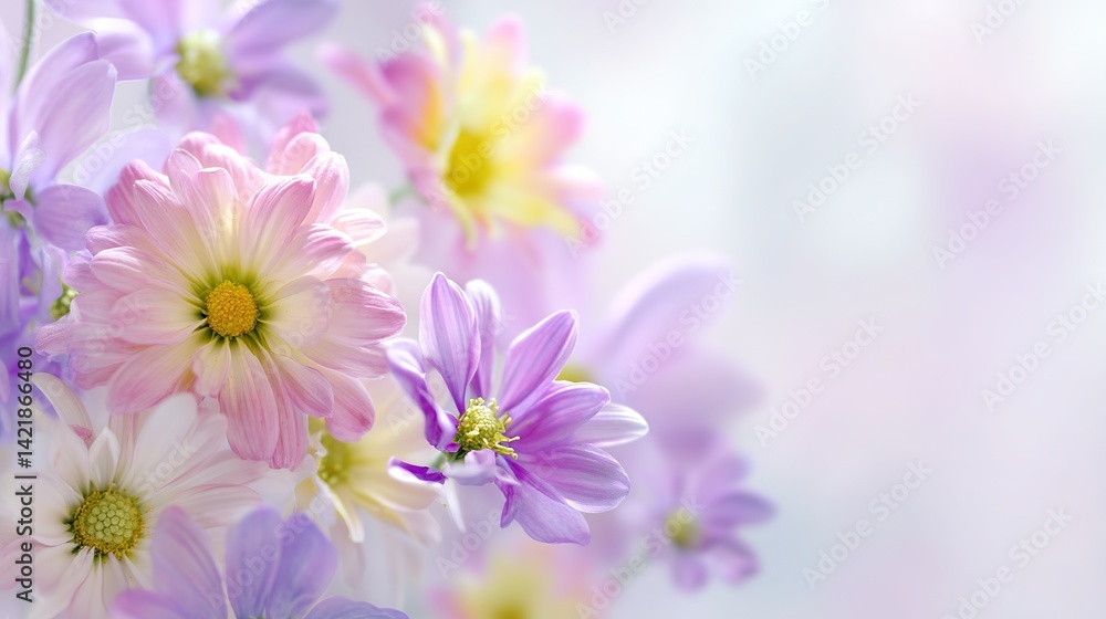 Delicate flowers in pink, purple, and yellow create a soft, dreamy atmosphere on a pastel background, perfect for product presentations, beauty marketing, social media posts. Delicate flowers in pink, purple, and yellow create a soft, dreamy atmosphere on a pastel background, perfect for product presentations, beauty marketing, social media posts.