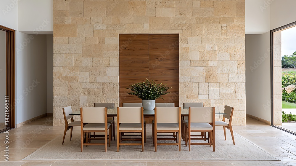 Elegant Dining Area with Stone Accent Wall and Modern Furnishings for Home Interior Design Inspiration.