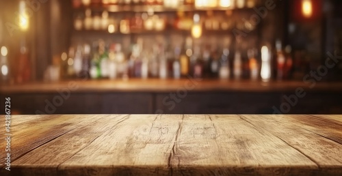 Wooden bar counter, blurred background