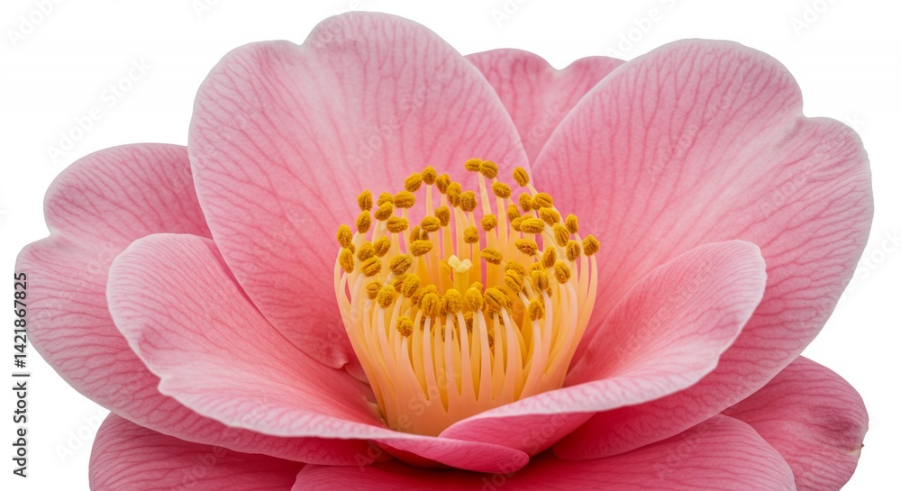Detailed Pink Camellia Japonica Flower Isolated on White Showcasing Delicate Petals and Stamens in a Close Up Botanical Study Detailed Pink Camellia Japonica Flower Isolated on White Showcasing Delicate Petals and Stamens in a Close Up Botanical Study