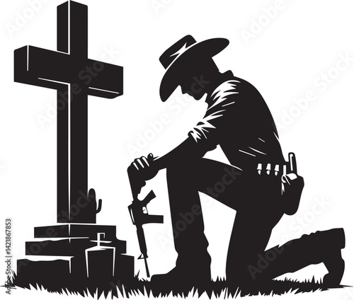 silhouette of jesus christ, kneeling cowboy praying on a cross silhouette vector, cowboy logo vector illustration