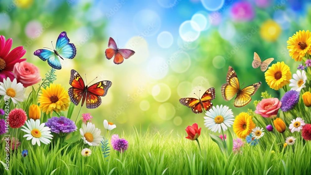 Colorful flowers and butterflies surround a lush green grass border with vibrant colors, green grass, verdant