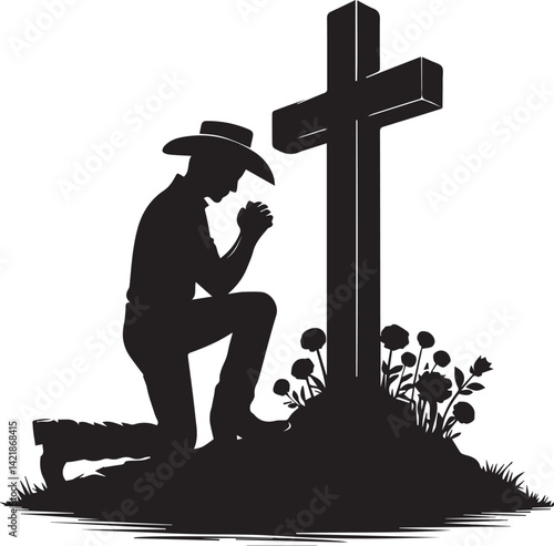 silhouette of jesus christ, kneeling cowboy praying on a cross silhouette vector, cowboy logo vector illustration