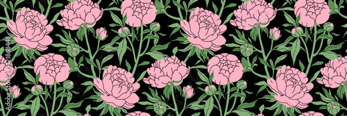 Beautiful flowers seamless pattern. Delicate pink rose with stem and leaves, small bud. Botanical spring pattern on black background. For wallpaper, textiles. Elegant vintage Vector illustration