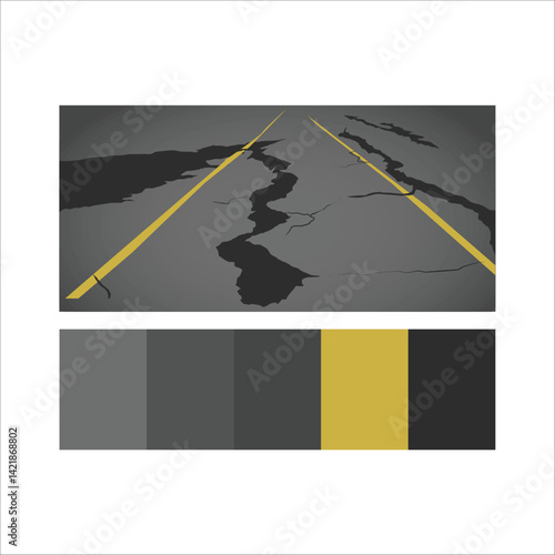 Asphalt Road Cracked And Broken From Earthquake. on white background vol 02