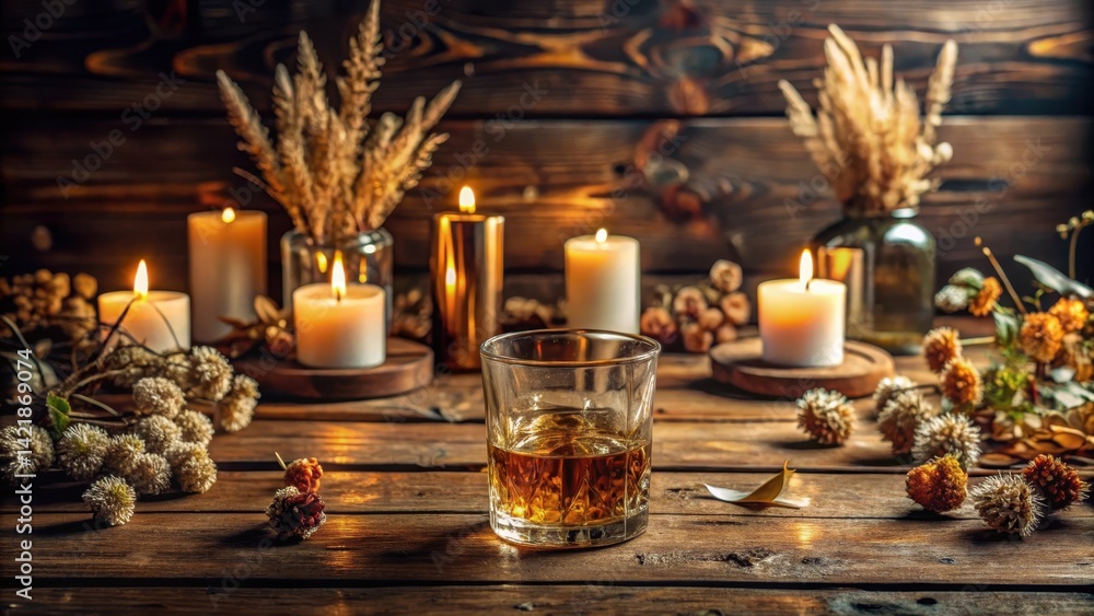 Wooden table with whiskey glass surrounded by rustic candles and a vase of dried flowers, evoking a cozy atmosphere of warmth and relaxation , cozy, atmosphere Wooden table with whiskey glass surrounded by rustic candles and a vase of dried flowers, evoking a cozy atmosphere of warmth and relaxation , cozy, atmosphere