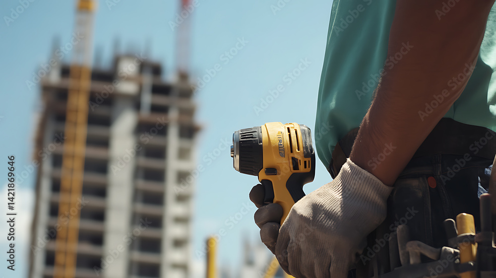 Construction Worker with Drill at Building Site Construction Worker with Drill at Building Site