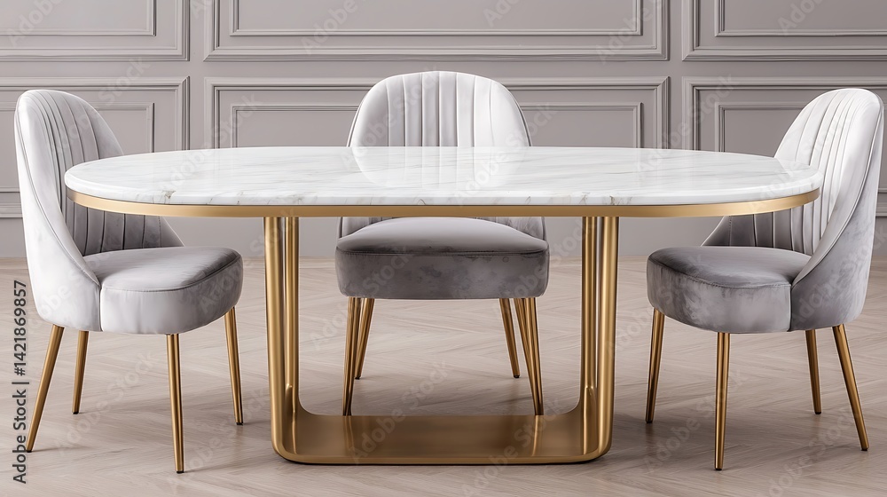 Elegant dining room scene featuring a marble table, gold accents, and stylish gray chairs for a refined look.