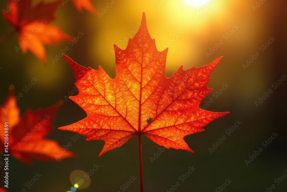 Fototapeta premium Sunlit maple leaf, showcasing yellow, crimson & gold hues, sunlit, tree