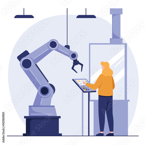 Industrial robotic arm operated by worker with touchscreen control panel in manufacturing environment vector illustration 