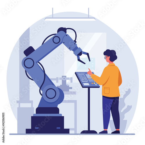 Industrial robot arm operated by technician in modern factory setting with blue and orange colors