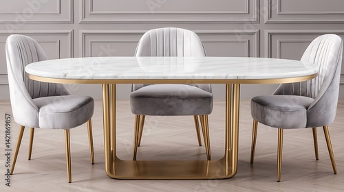 Obraz na płótnie Elegant dining room scene featuring a marble table, gold accents, and stylish gray chairs for a refined look. w salonie
