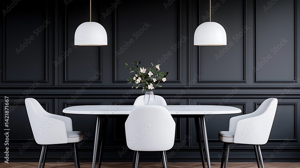 Elegant Dining Room with Modern Lighting, Round Marble Table, and White Chairs Against a Black Wall.