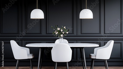 Obraz na płótnie Elegant Dining Room with Modern Lighting, Round Marble Table, and White Chairs Against a Black Wall. w salonie