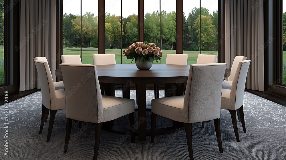 Elegant dining room with round table, chairs, natural light, and beautiful outdoor view creates a sophisticated atmosphere.