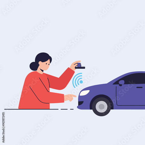 Woman using remote key fob to unlock blue car with wireless signal vector illustration 
