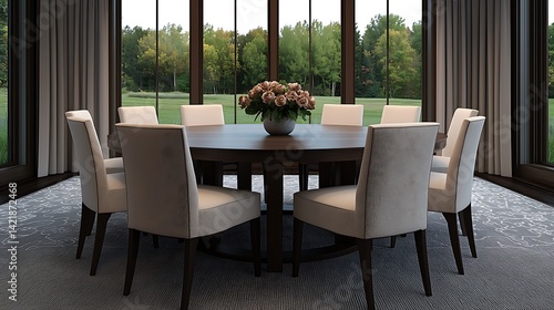 Obraz na płótnie Elegant dining room with round table, chairs, natural light, and beautiful outdoor view creates a sophisticated atmosphere. w salonie
