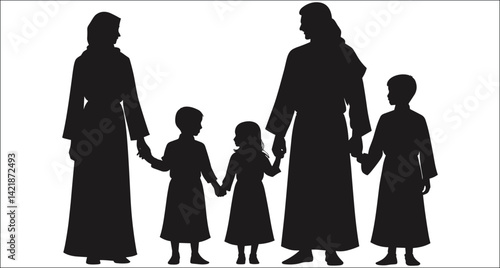 Jesus Christ Holding Hands With Children Silhouette Illustration Simple Vector