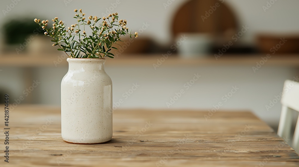 Elegant Floral Arrangement in Rustic Ceramic Vase on a Wooden Table Creates a Warm, Minimalist Ambiance.