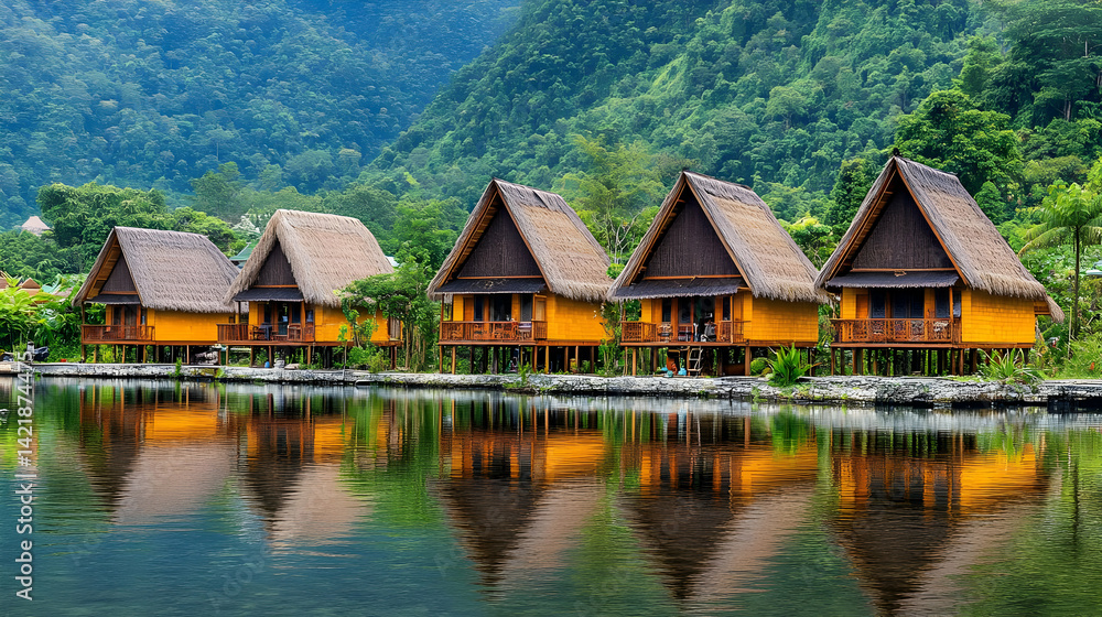 Overwater Bungalows with Thatched Roofs Reflecting on Calm Water Overwater Bungalows with Thatched Roofs Reflecting on Calm Water
