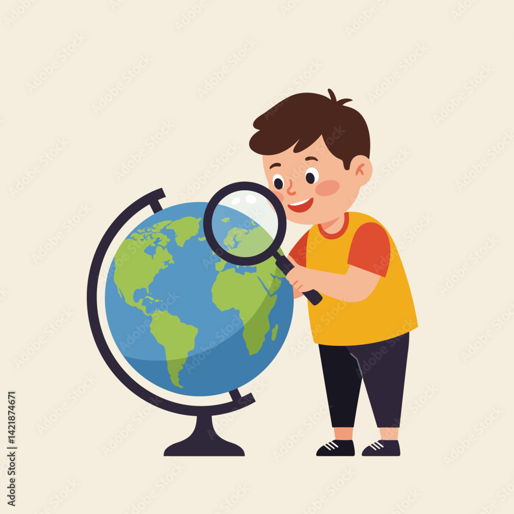 Young boy examining globe with magnifying glass educational curiosity and learning concept vector illustration Young boy examining globe with magnifying glass educational curiosity and learning concept vector illustration