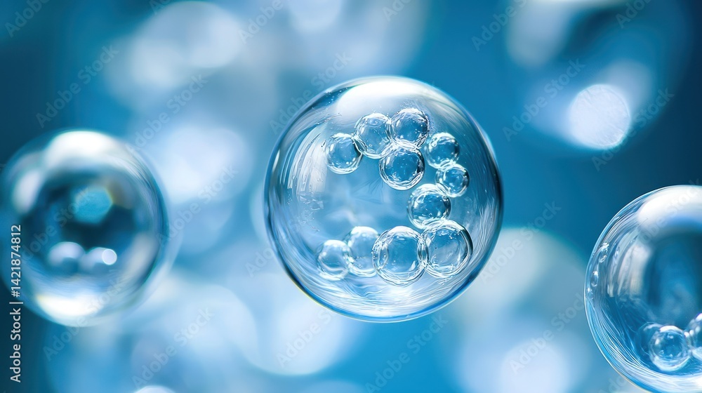 Microscopic bubbles floating in blue; science, research, and technology background Microscopic bubbles floating in blue; science, research, and technology background