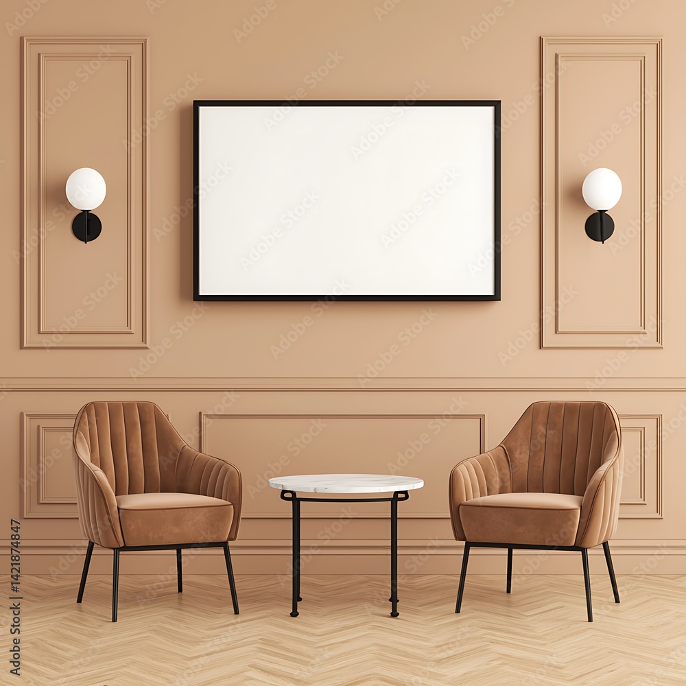 Elegant interior design featuring armchairs, a small table, modern lighting, and framed artwork on a neutral colored paneled wall.