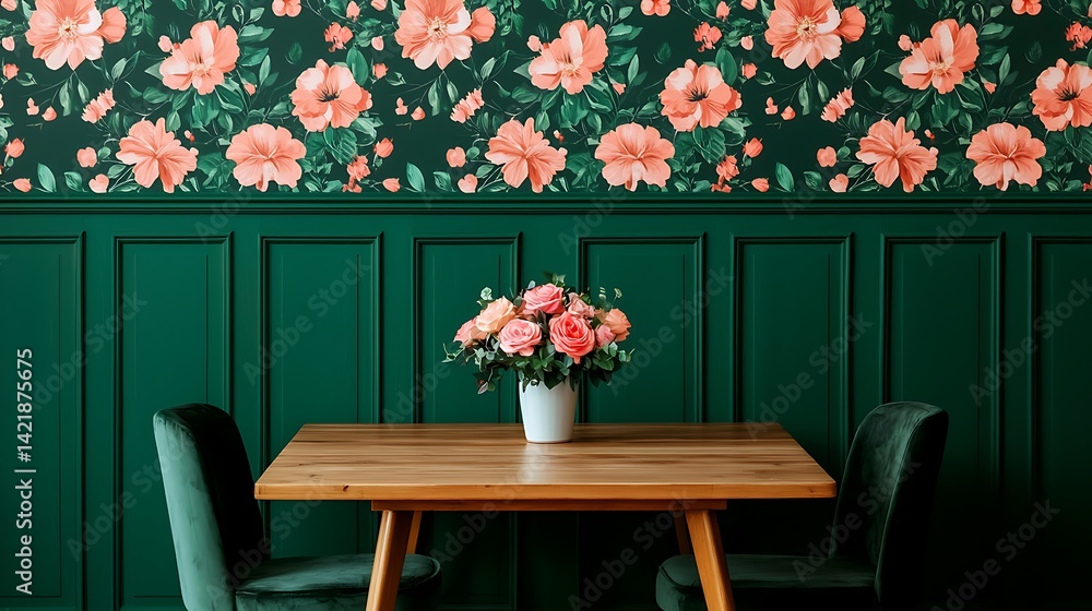 Elegant interior featuring floral wallpaper, wood table with floral arrangement, and green paneled wall creating stylish ambiance.
