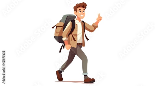 Cheerful young male traveler walking in nature, feeling happy and enjoying the journey