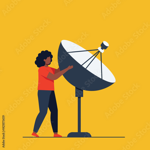Woman Adjusting Large Satellite Dish Technology Equipment Vector Illustration with Yellow Background 